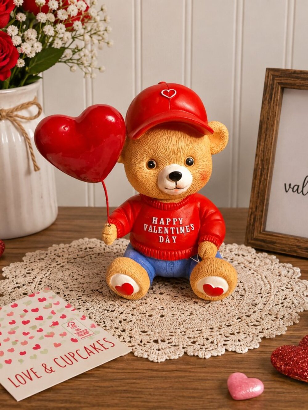 Valentine Teddy Bear Figurine Heart Balloon Red Sweater Holiday Decor NWT